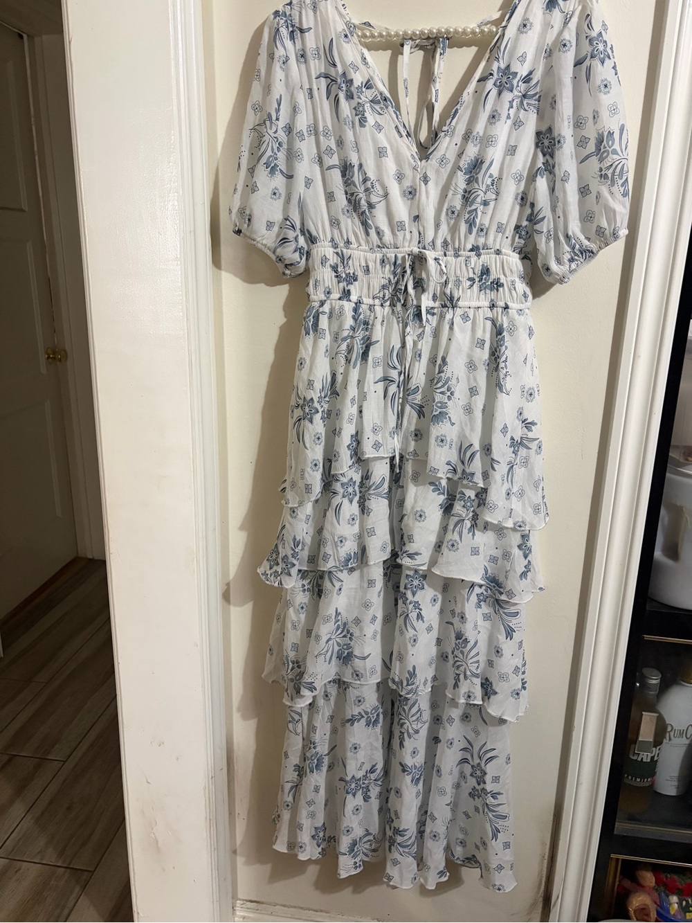 Blue Floral Tiered Maxi Dress with V-Neck
